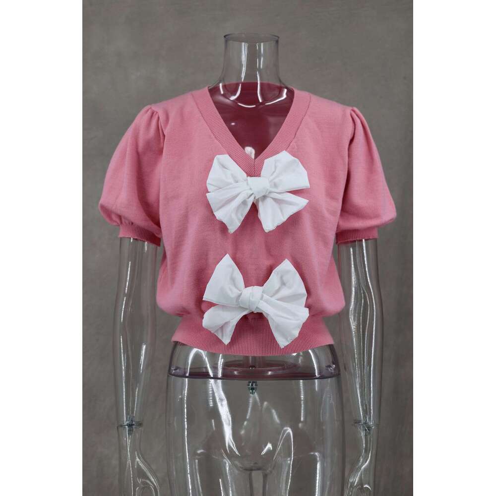 Women's Wear Dress Fresh And Sweet Niche Style Spring New Product V-Neck Short Sleeved Personalized Double Bow Solid Color Sweater For Women