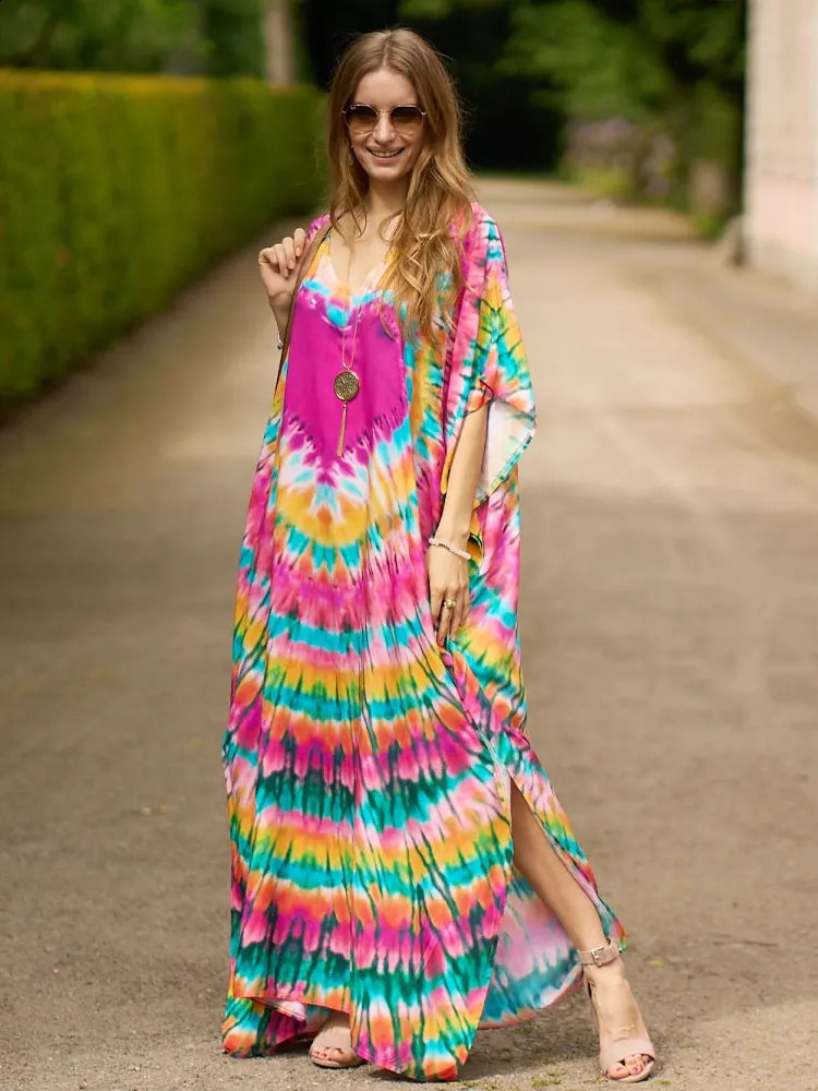2024 Boho print bikini top sexy batwing sleeve long skirt Morocco Kafotan womens beach wear swimsuit Q1450 250122
