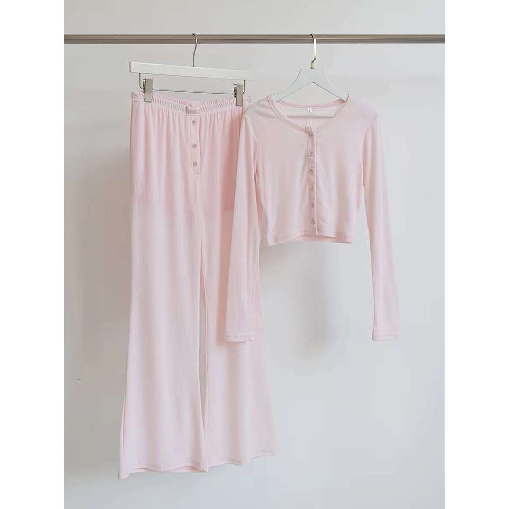 Solid Sweet Fashion 2 Piece Set Women Single Breasted Long Sleeve Cropped Tops Wide Leg Trouser Suits Casual Simple Home Sets