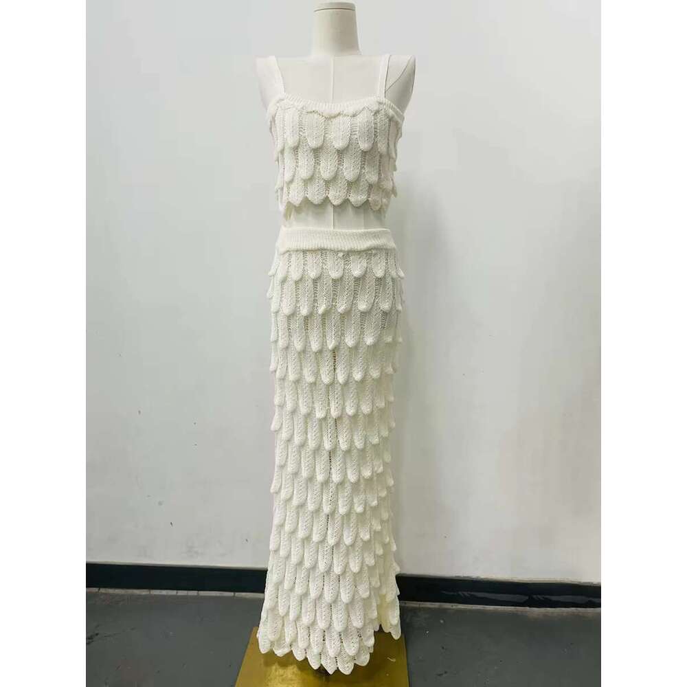 Tassel Knitted Holiday 2 Piece Women Summer Sleeveless Cropped Tank Top With Maxi Skirts Suits Casual Fashion Long Skirt Set