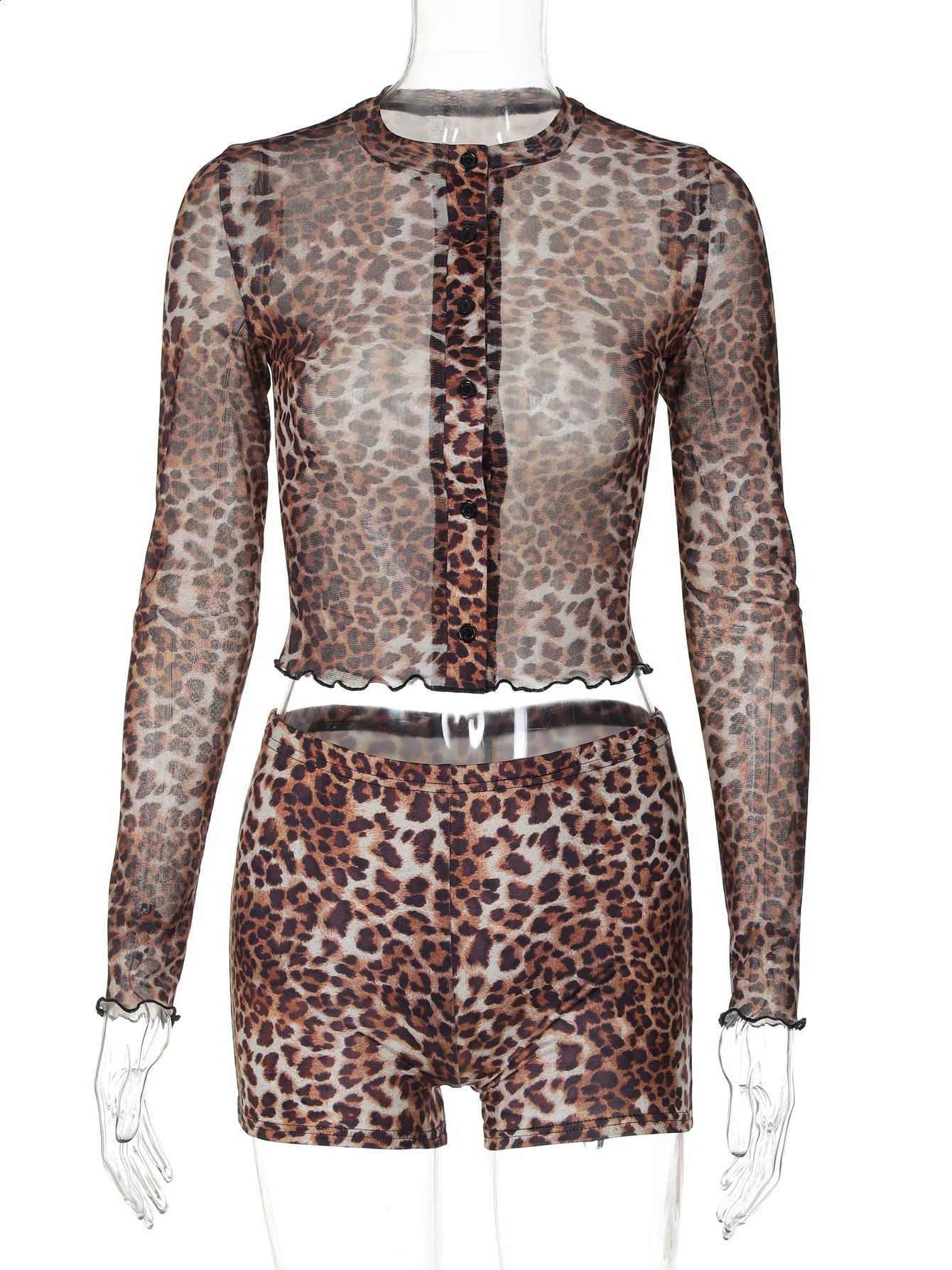 Hugcitar Mesh 2 Pcs Sets Leopard Print Long Sleeve Buttons Sexy See Through T-Shirt Shorts Women Fashion Outfit Vacation Club 250107