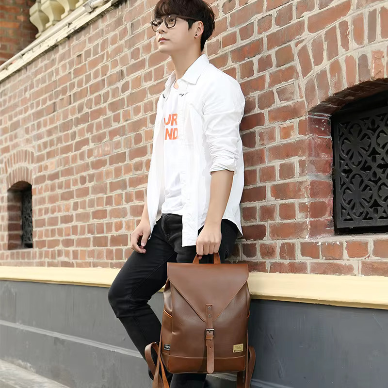 Three Box Fashion Vintage Male Backpack For Teenager School Men Leather Business Travel Laptop Shopping Bag