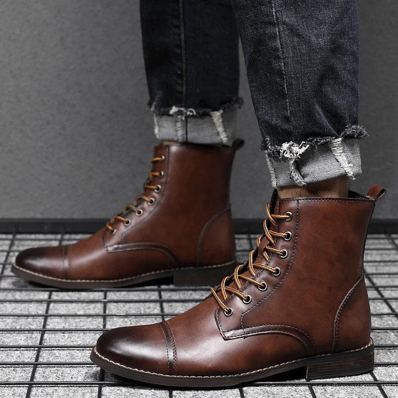 Men Fashion Boots Arrival Britsh Vintage Leather Boots Shoes Men Boots Autumn Winter Mens Ankle Boots Plus Size 250120