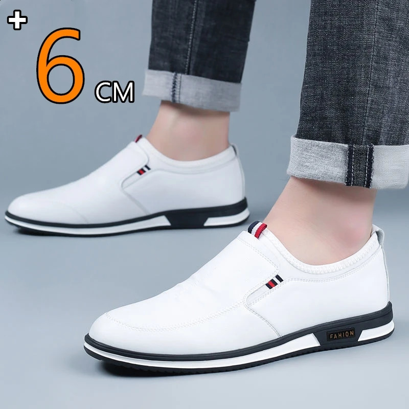 Men Hollow Breathable Cow Leather Casual Elevator Shoes Soft Comfortable Flat/6cm Hidden Heels Height Increase Sneakes Tall Shoe 250209