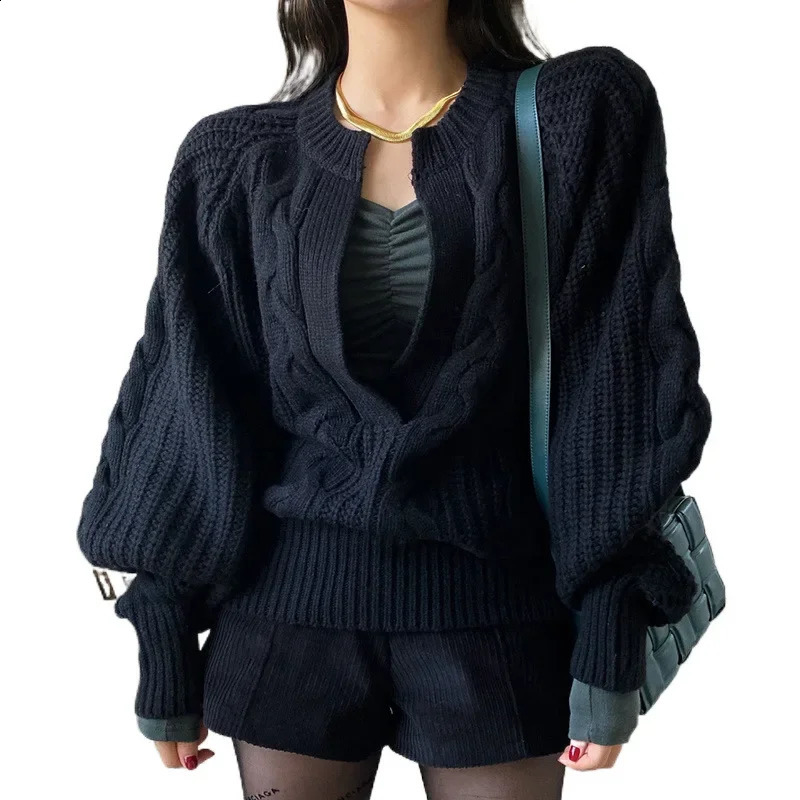 ChicAutumn/Winter Elegant Neckline Cable Knit Pullover Sweater Loose Fit Solid Color Warm Lantern Sleeve Knit Sweater 250114