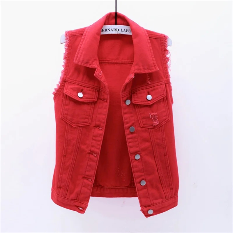 Autumn Women Plus size Denim Vest Sleeveless Waistcoat Students Casual Tops Jeans Jackets Red Pink Purple Yellow Blue White 250122