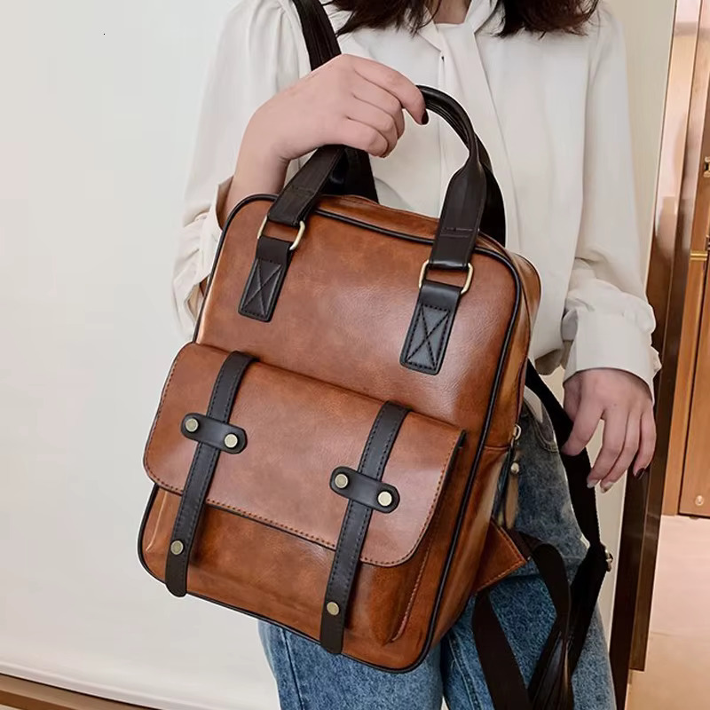 Fashion Designer High Quality Pu Leather Women's Vintage New Ladies Travel Backpack Solid Color Women Shoulder Bags