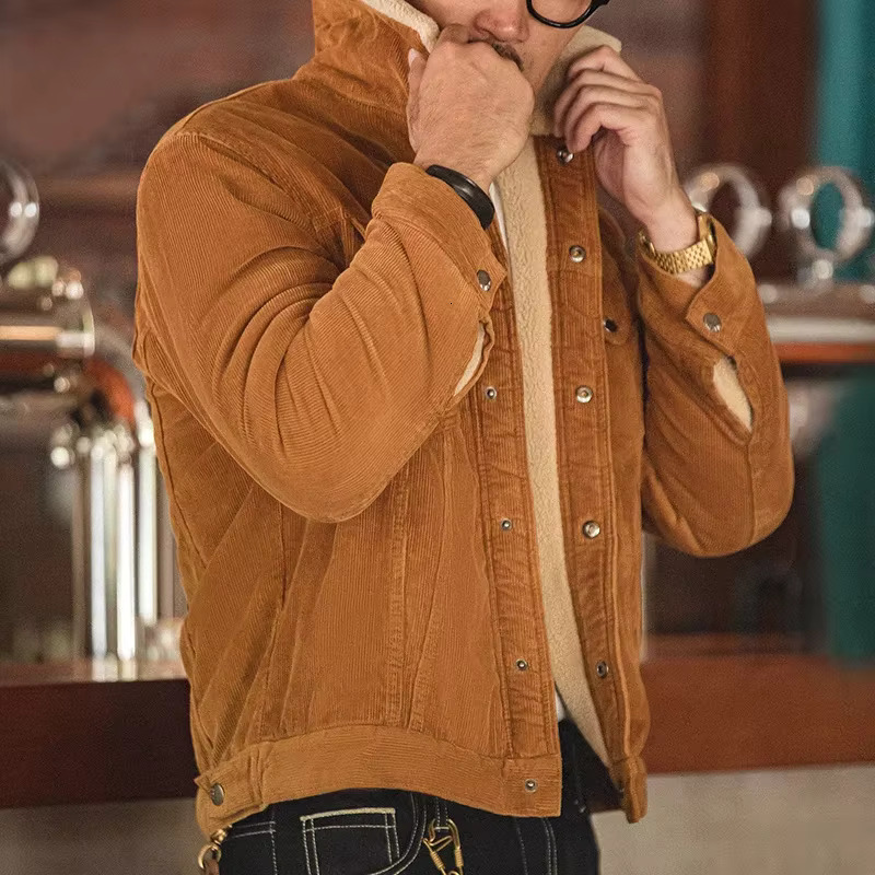 Maden Faux Lamb Wool Corduroy For Men Ginger Color Thickened Lapel Single-Breasted Coat Fall And Winter Warm Jacket