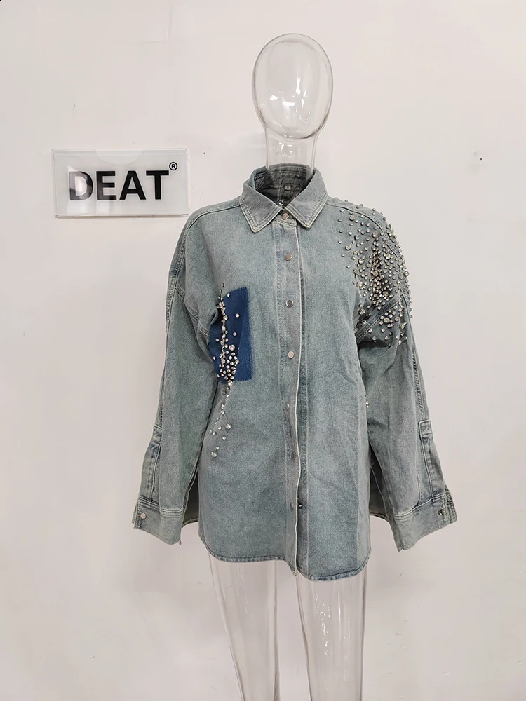 DEAT Fashion Denim Coat Women Lapel Irregular Rhinestone Decorate Single Breasted Patchwork Loose Jakcets Spring 2025 7AB878 250116