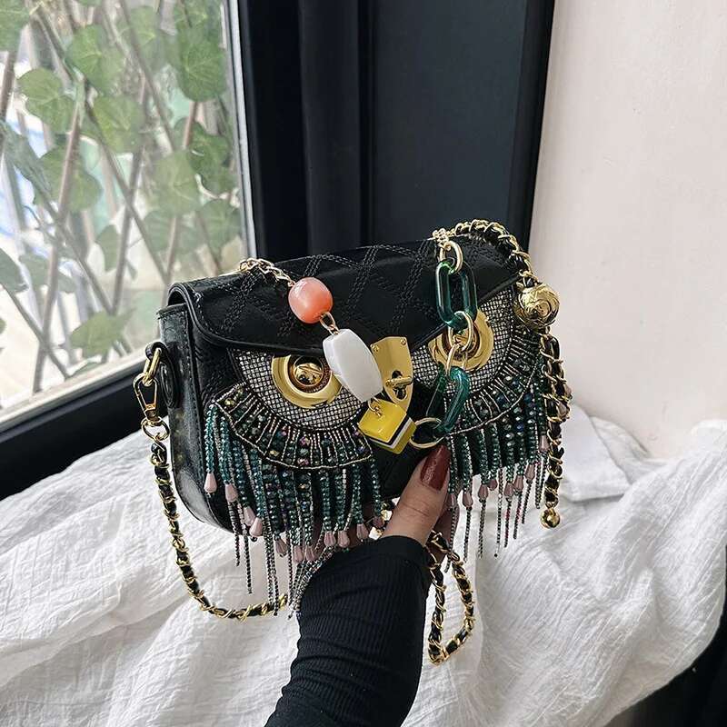 Women Brand PU Leather Plaid Quilted Crossbody Retro Chain Lock Crystal Tassels Owl Messenger Bag
