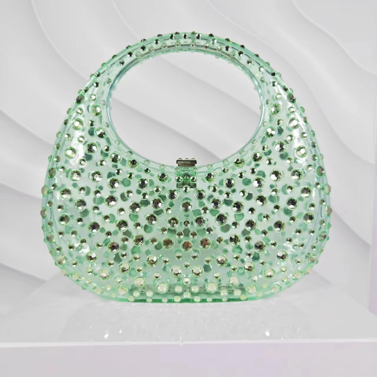 Ladies' Shiny Transparent Acrylic Box Bag With Studded Water Diamond Crescent Shaped Handbag For Dinner Party