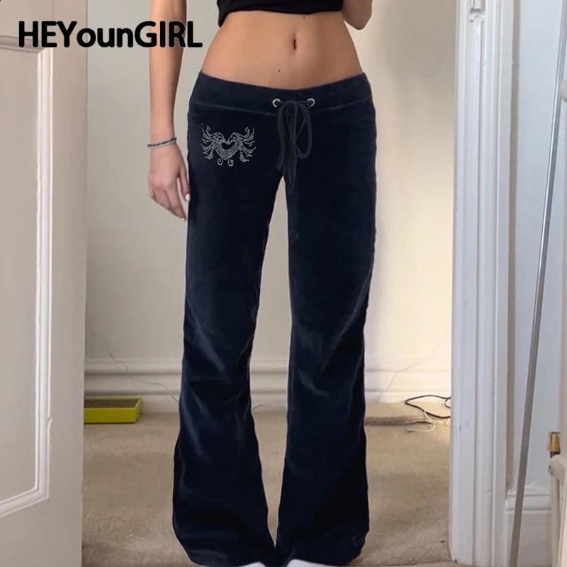 HEYounGIRL Y2K Womens Velvet Slim Pants Rhinestone Print Low Waist Drawstring Straight Trousers Vintage Casual Joggers Autumn 250122
