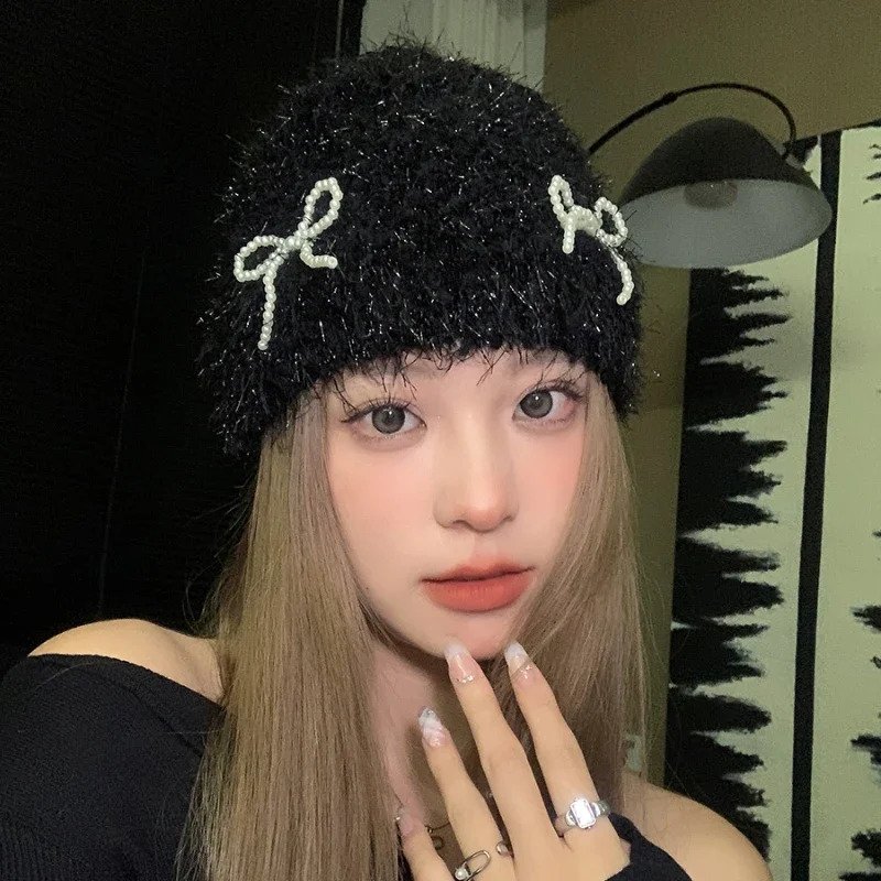 Sweet Pearl Bow Knitted Bean Hat Y2K Autumn/Winter Travel Versatile Warm and Personalized Womens Pullup Hat 250109