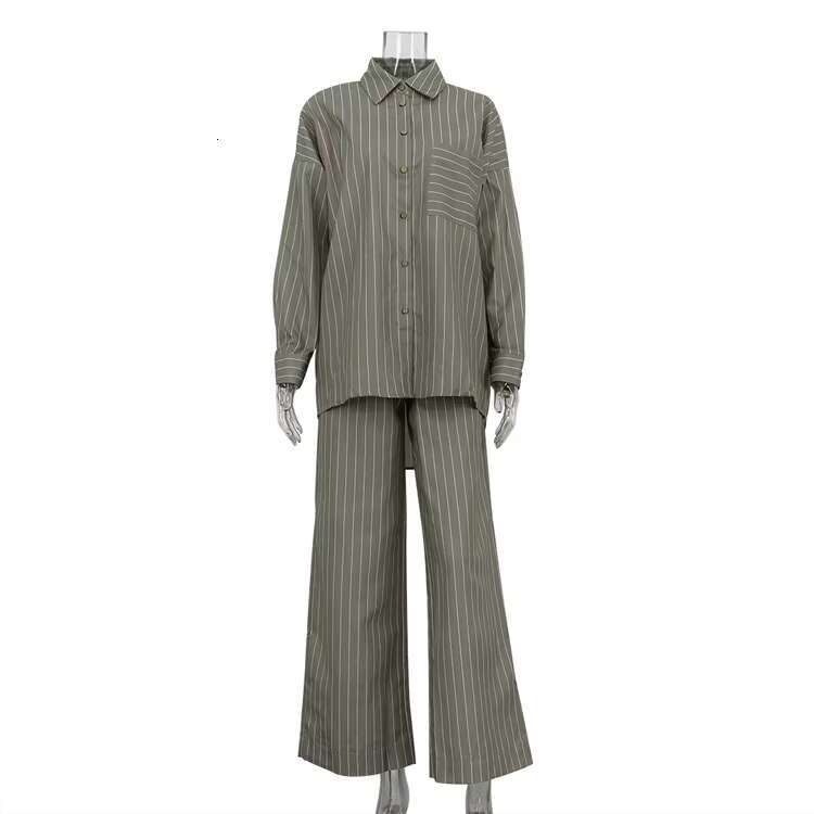 Classic Striped Loose Pants Sets Single Breasted Long Sleeve Blouse+Wide Leg Pant Casual Vintage Women's Trouser 2 Piece Set New