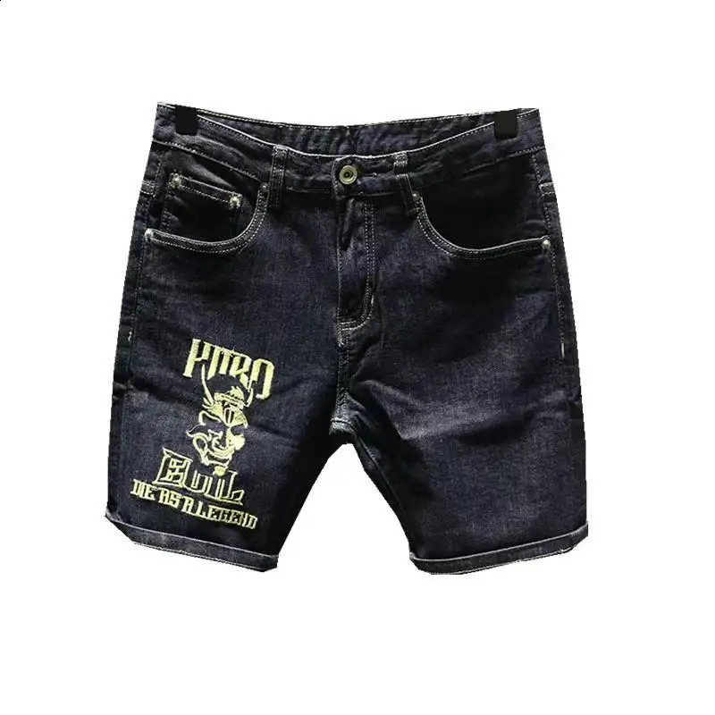 Summer Casual Denim Shorts for Men Knee Length Jeans Embroidery Trendy Slim Pants Korean Style Black Short 250121