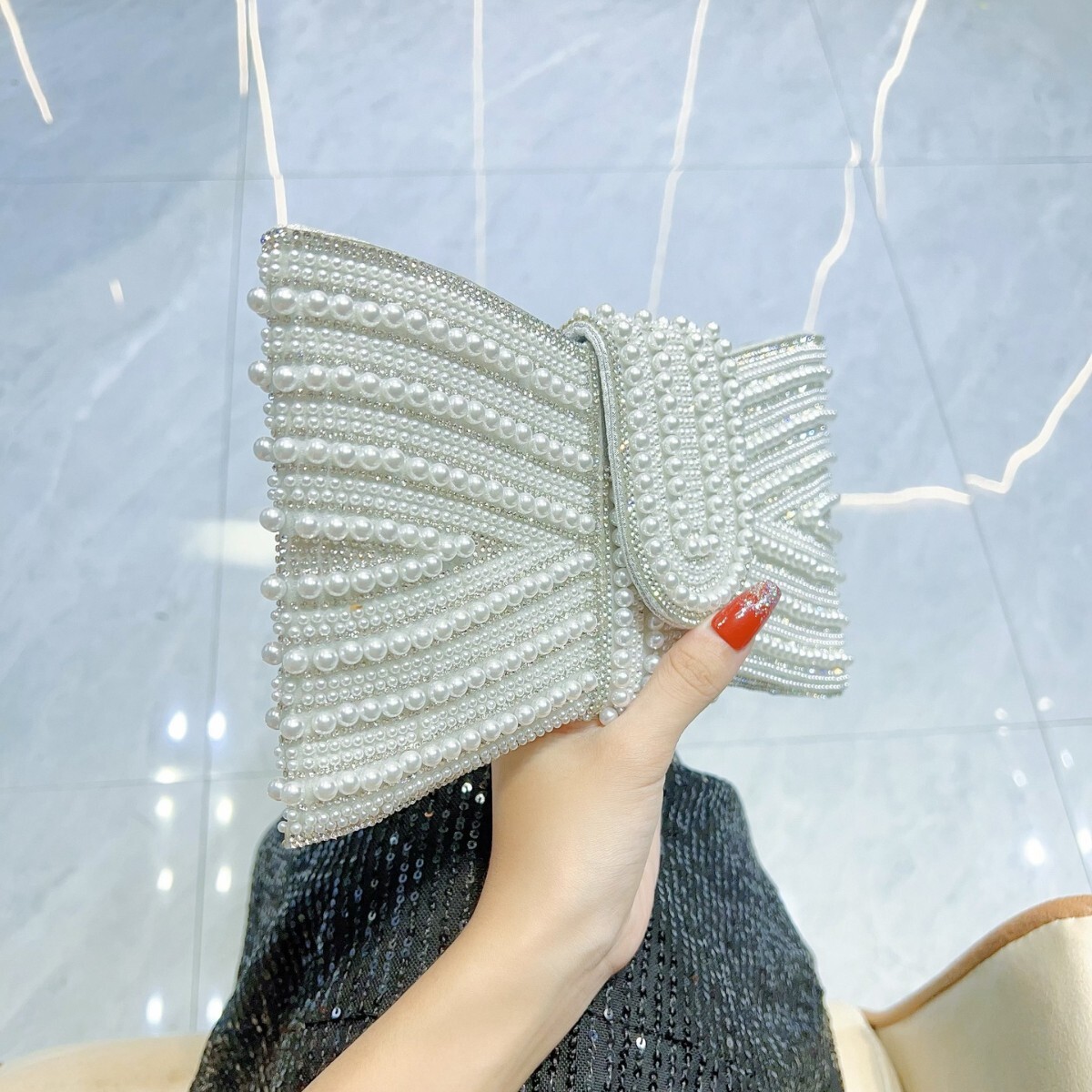 New High-End Handbag With Pearl Shoulder And Diagonal Cross, Ladies' Bag, Socialite Butterfly Dinner Bag