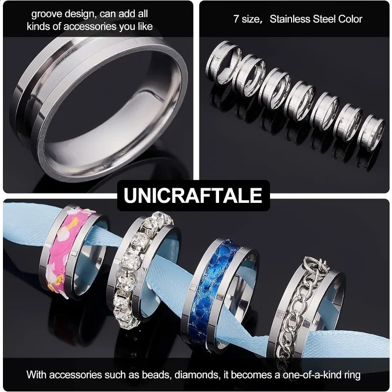 21pcs 7-size blank ring stainless steel finger ring groove core inlaid ring for resin circular blank ring for jewelry making 250109