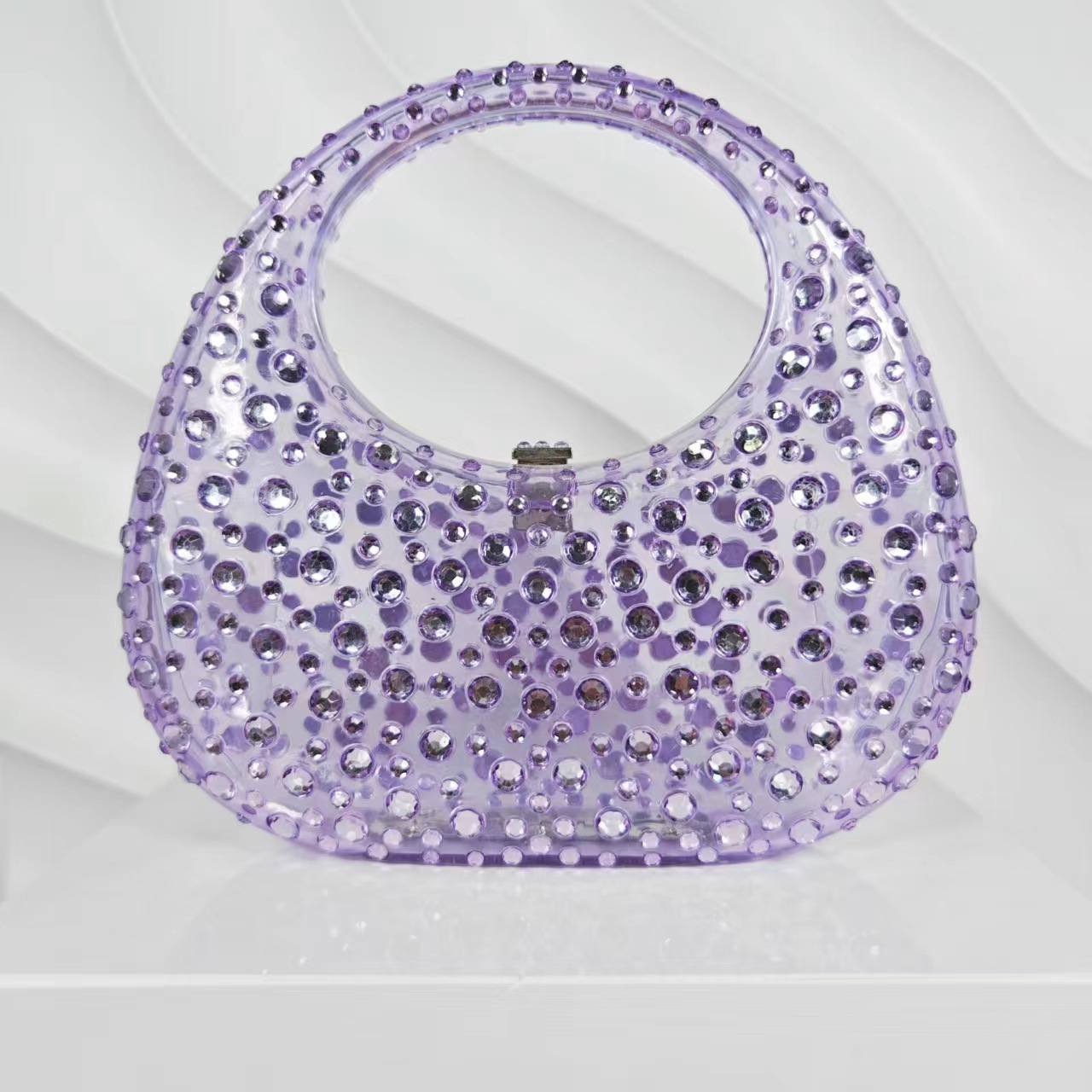 Ladies' Shiny Transparent Acrylic Box Bag With Studded Water Diamond Crescent Shaped Handbag For Dinner Party