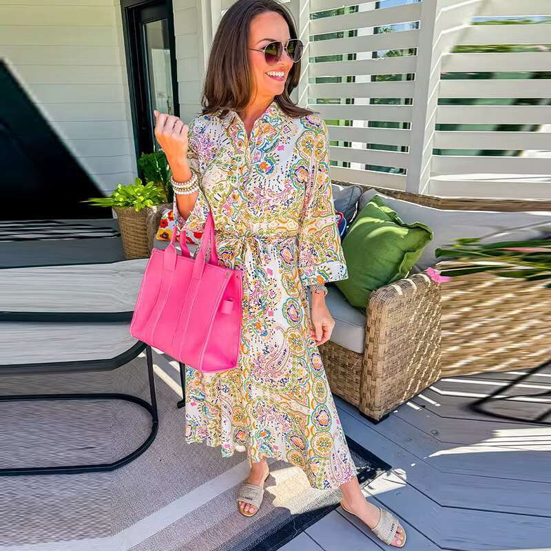 Boho Maxi Flare Sleeve Printing Dress 100% Viscose Ral Holiday Dresses Mujer Vestidos Loose Vacation Robes