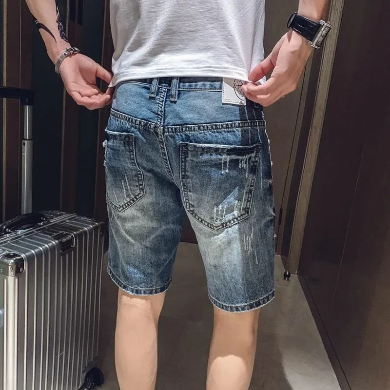 Male Denim Shorts Ripped with Text Mens Short Jeans Pants Multi Color Sale Retro Streetwear Stretch Jorts Vintage Xl Harajuku 250113