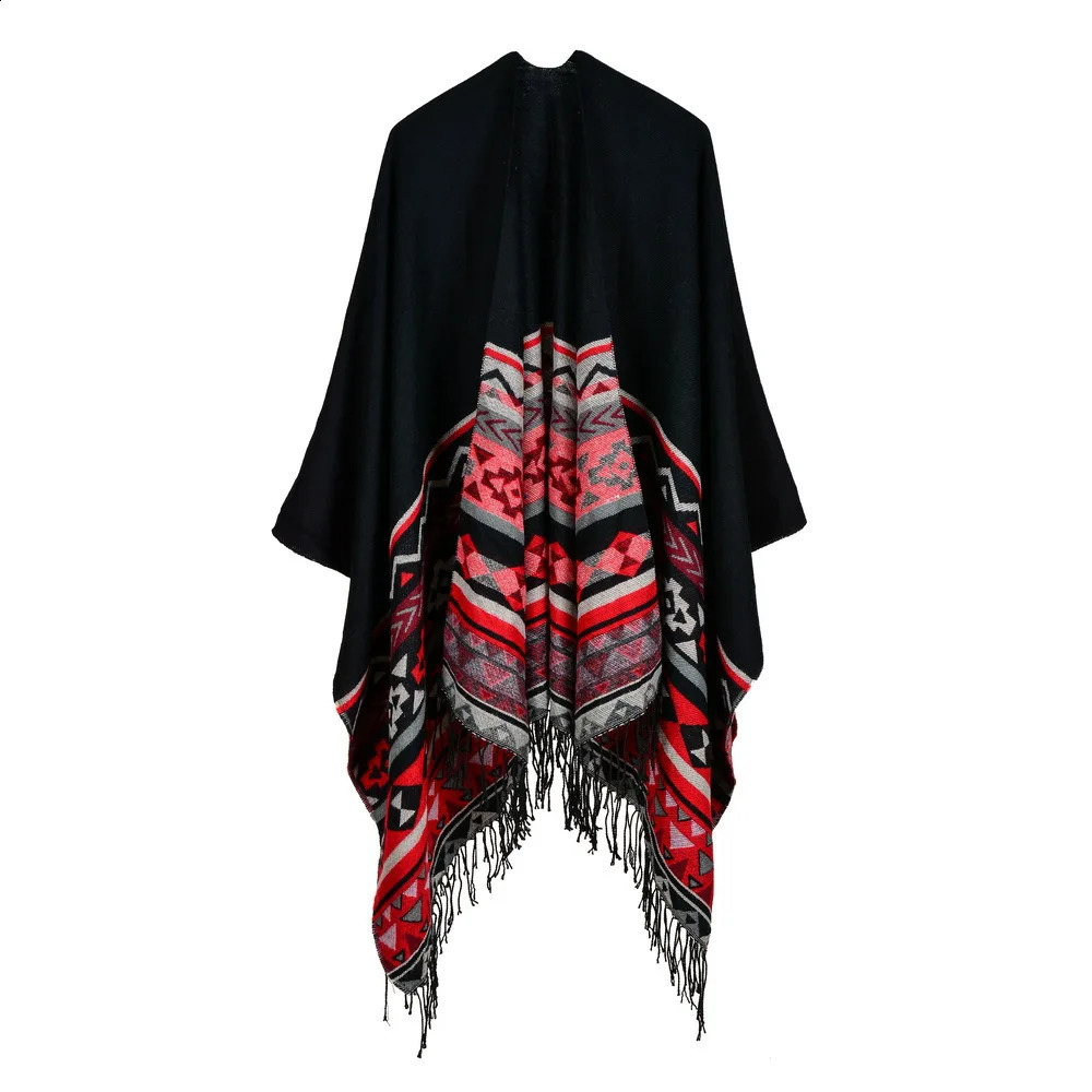 Womens Tassel Cashmere Shawl Autumn Winter Can Be Thickened Wear on Both Sides Lady Ponchos Capes Red 250121