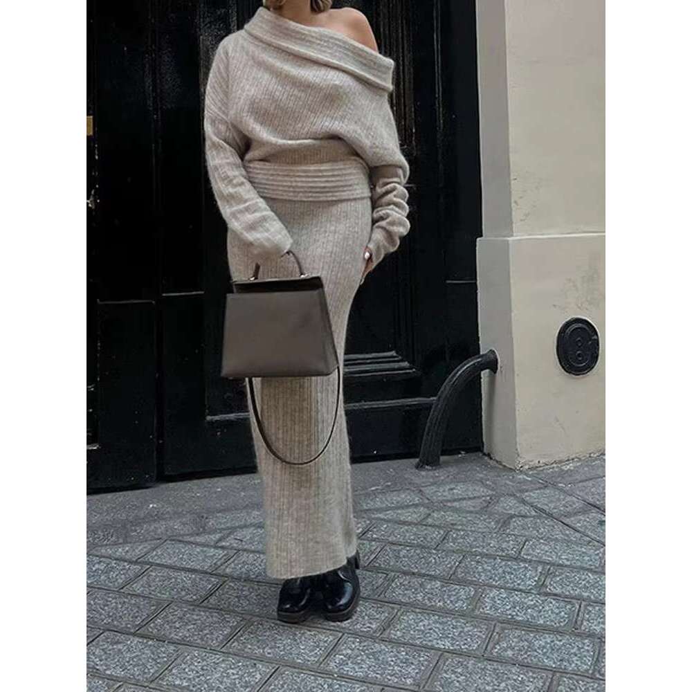 Solid Elegant Knitted 2 Piece Set Women Spring Autumn Off Shoulder Pullover Sweater+Long Skirts Sets Vintage Fashion Jumper Suit
