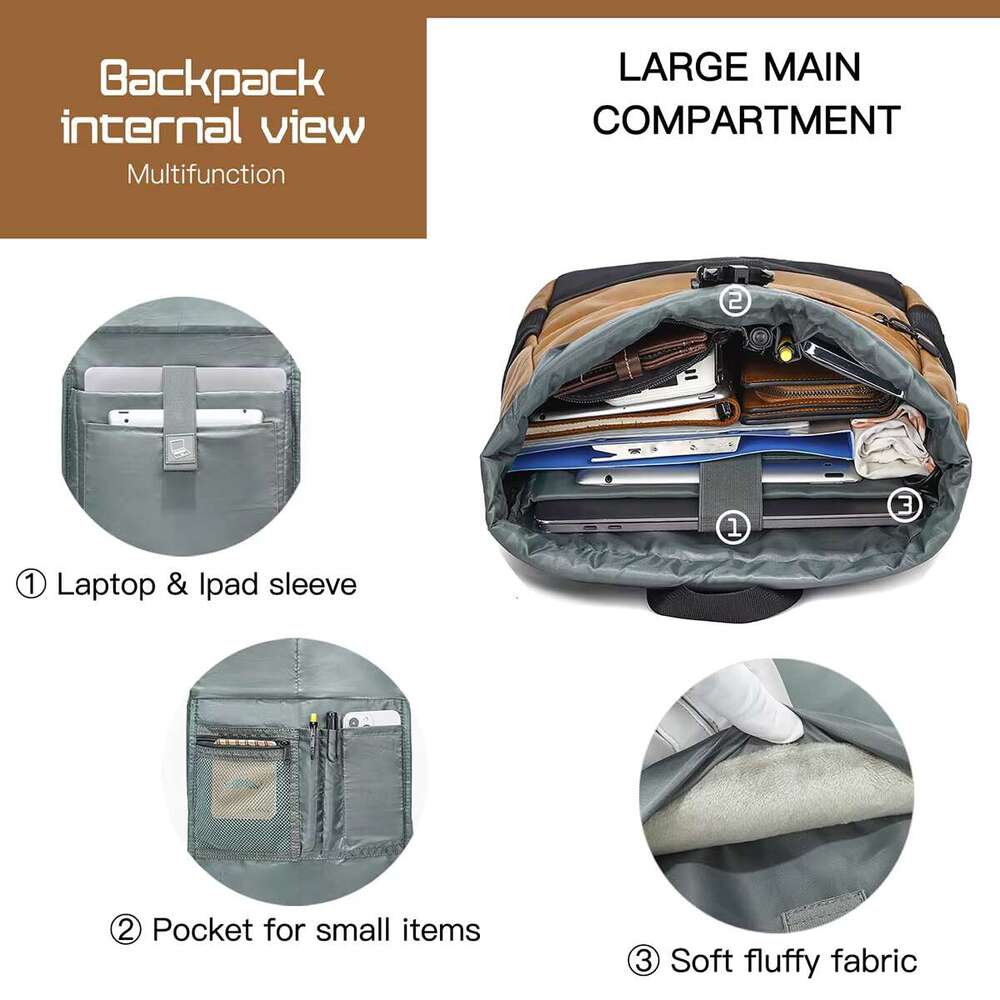 Evervanz Men Women Rolltop Leather And Polyester Laptop Backpack 17 Inches Large School Bag With USB Charging Port