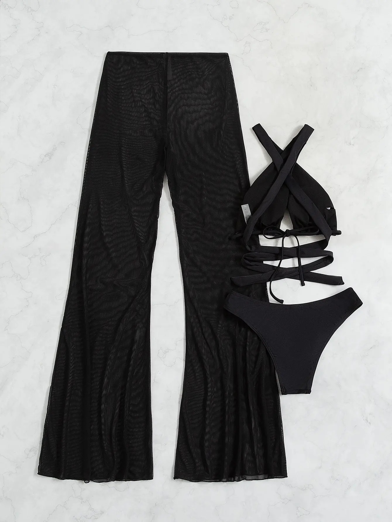 3 Pieces Plain Criss Cross Bikinis Swimsuit Pants Swimwear Women Bathers Bathing Swimming Suit Female Summer Beachwear 250122