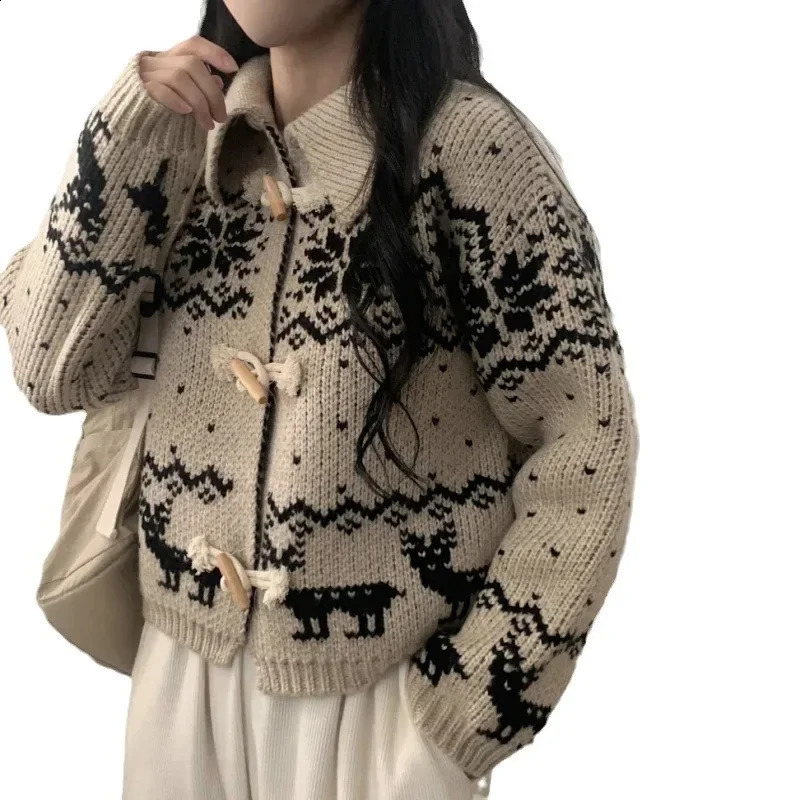 Spring Womens Knitted Top Artistic Vintage Nordic Style Horn Button Snowflake Sweater CrossBorder European And American 250114