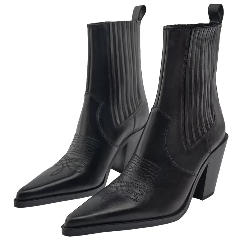 2024 Autumn New Fashion Design Western Cowboy Women's Genuine Leather Retro High Heel Short Boots Modern Ankle Booties