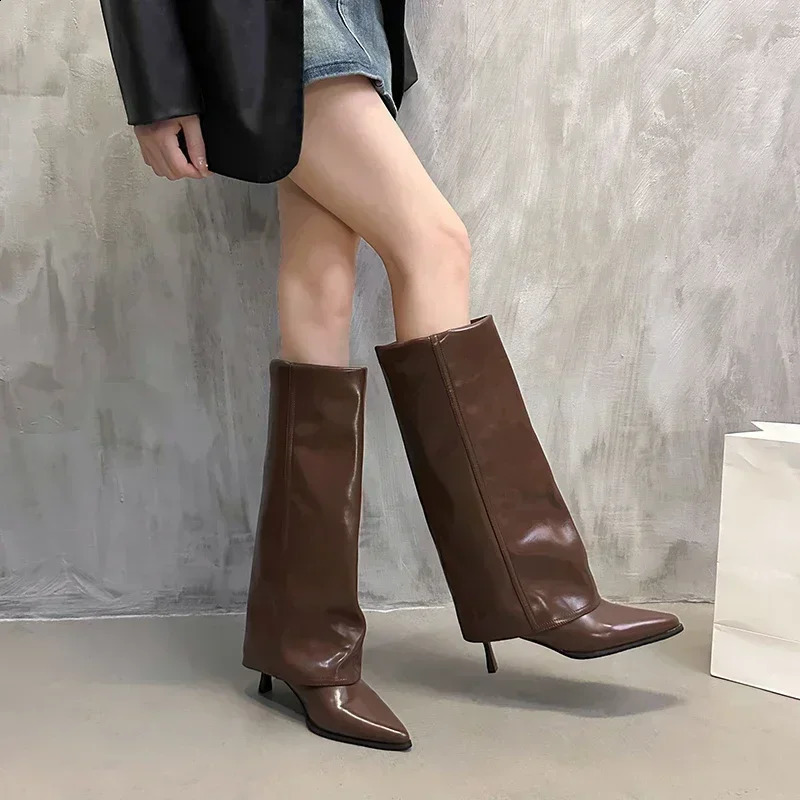 Womens Pointed Toe Knee-high Boots Stiletto Heel Sleeve High Heels Sexy Boots Women Fashion Spring and Autumn Style 250118