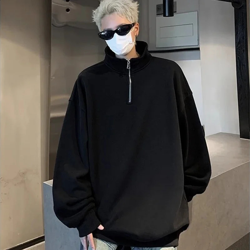 Mens Korean Fashion Halfzipper Sweatshirts Autumn Standup Collar Pullover Hoodies Y2K Vintage Solid Tops Hombre Tracksuit 250122