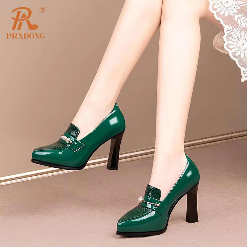 PRXDONG New Fashion Genuine Leather Shoes High Heels Platform Black Red Green Spring Summer Dress Party Office Lady Pumps 34-39