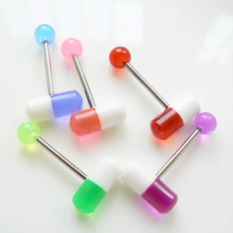 10pcslot Colorful Capsule Tongue Rings Acrylic Pill Piercing Steel Punk Body Jewelry Decor Gifts 250110