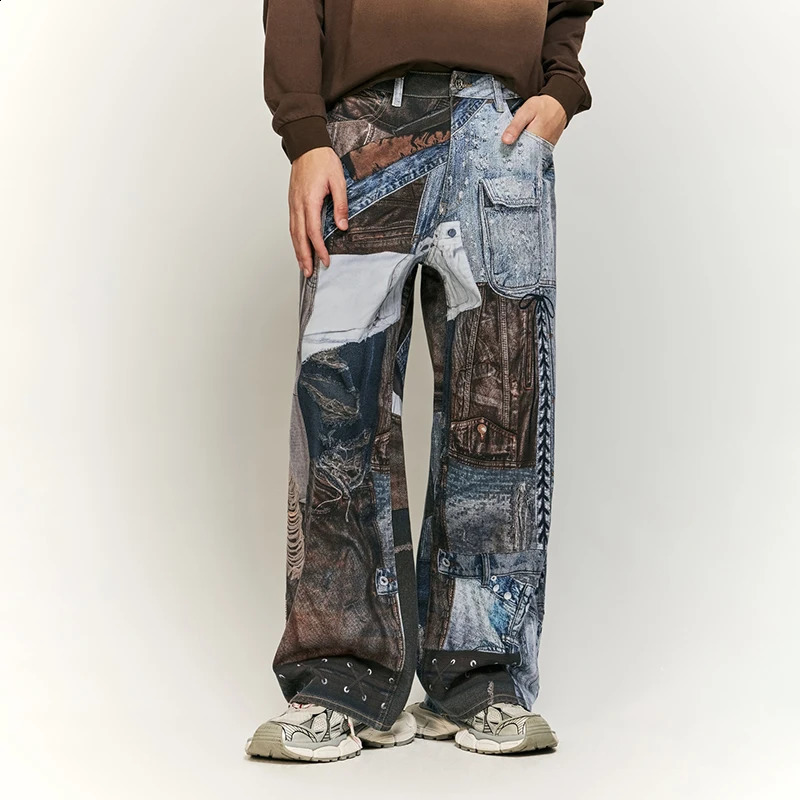 American Street Vintage Patchwork Digital Printed Jeans Male and Female Trendy Loose Wide Leg Fashion High-End Trousers 250120