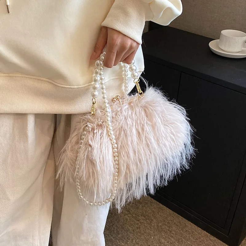 Small Soft Plush Beaded Shoulder Side Bag for Women Winter Fashion Trend Handbags Clutch Bags 250120