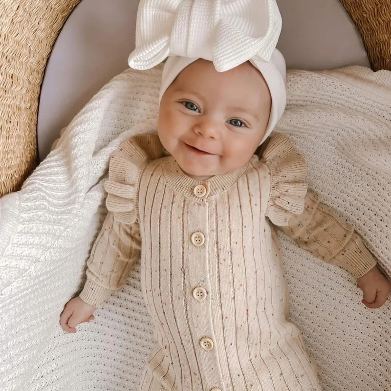 Knitted Baby Jumpsuit Solid Color Long Sleeves Knitted Rompers with Buttons for Toddlers Girls Outfit born Baby Clothes 250121