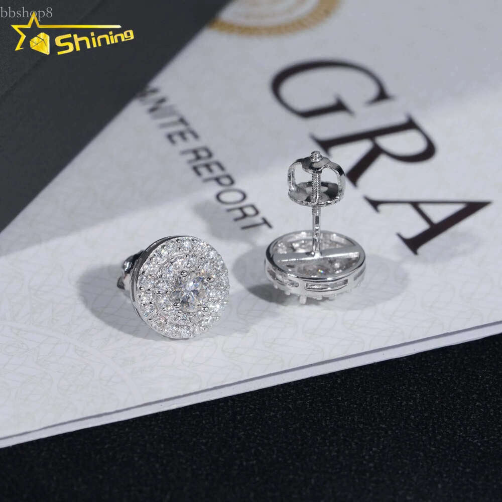 Pass Dia Tester Sterg Sier Round Cluster Iced Out Mens Moissanite Stud Earrings