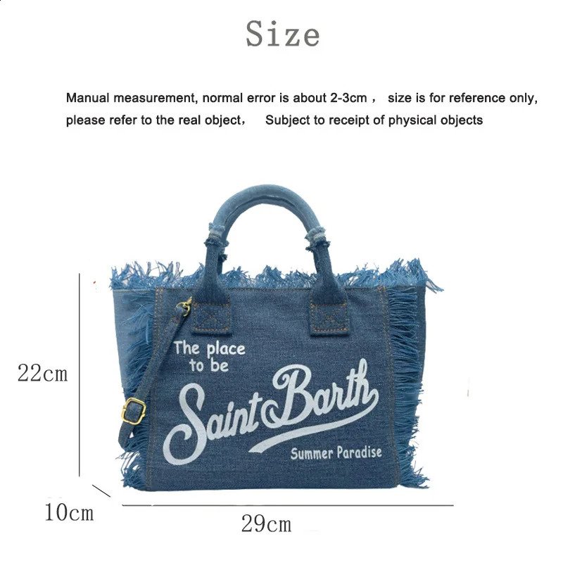 SAINT BARTH messenger bag womens travel solid color denim small handmade fringed handbag tote bag 250121
