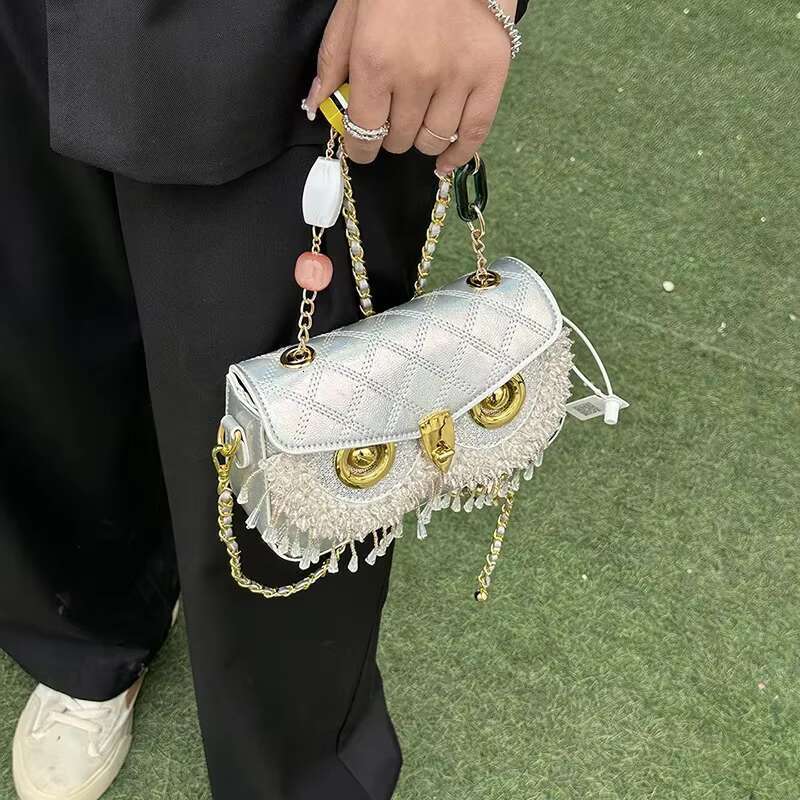 Women Brand PU Leather Plaid Quilted Crossbody Retro Chain Lock Crystal Tassels Owl Messenger Bag