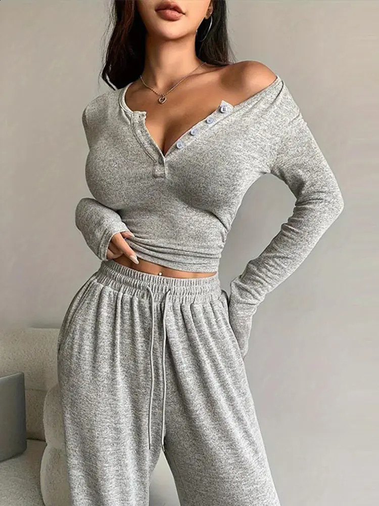 Women Two Piece Sets Pajama Set Sexy V-neck Long Sleeve Shirts Loose High Waist Wide Leg Pant Sets Lady Sleepwear Tracksuits 250120