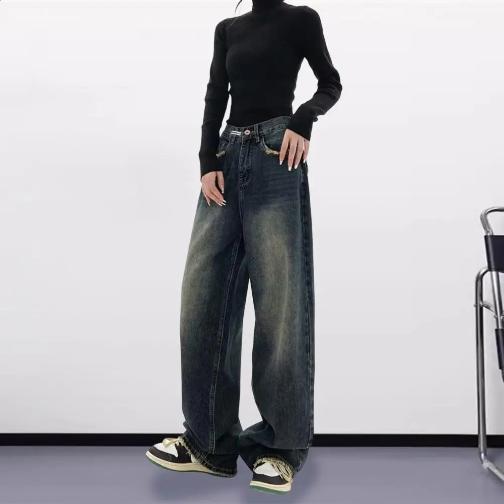 Womens Harajuku Style Loose Wide Leg Jeans Pants Autumn Winter American Fashion Retro Baggy Straight Loose Denim Trousers 250117