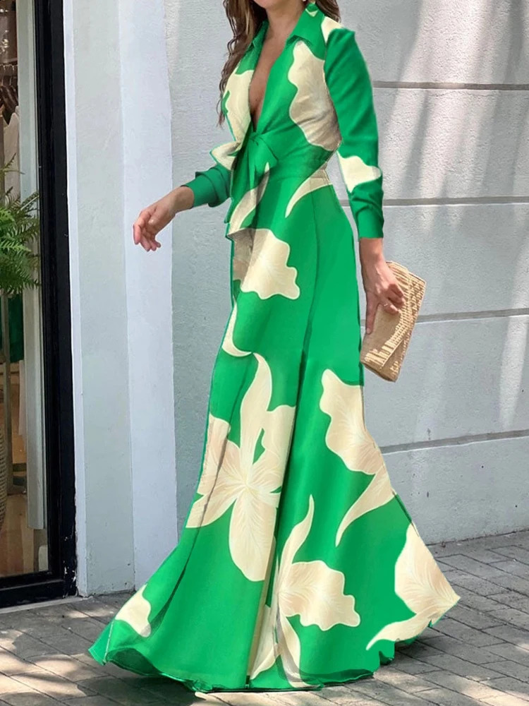 Autumn Winter Fashion V-neck Long Sleeve Elegant Blouse Print Lapel Top Women Solid Color Loose Casual Wide Leg Jumpsuit 250107