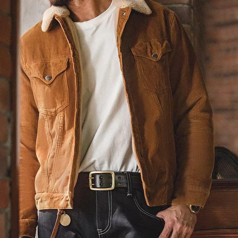 Maden Faux Lamb Wool Corduroy For Men Ginger Color Thickened Lapel Single-Breasted Coat Fall And Winter Warm Jacket