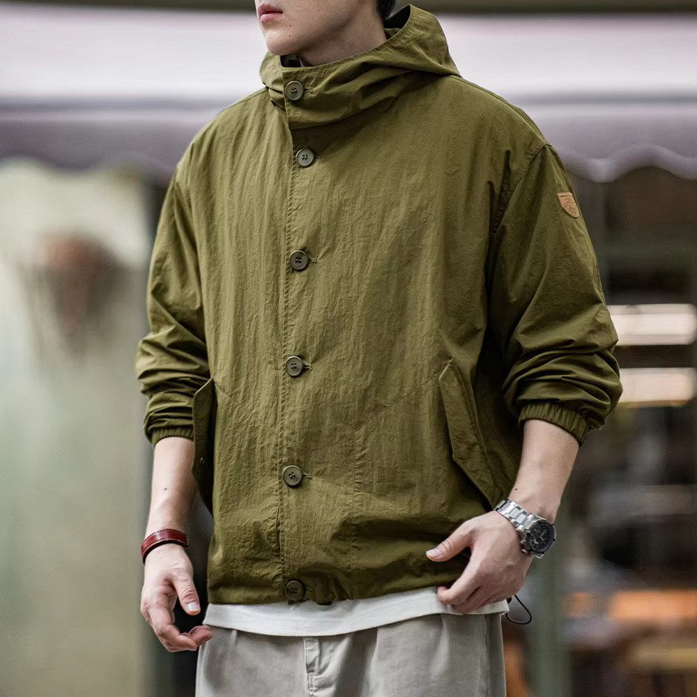Maden Vintage Solid Color Thin Hooded Jacket Outdoor Loose Single-Breasted Coat Men's All-Match Outerwear For Autumn And Winter