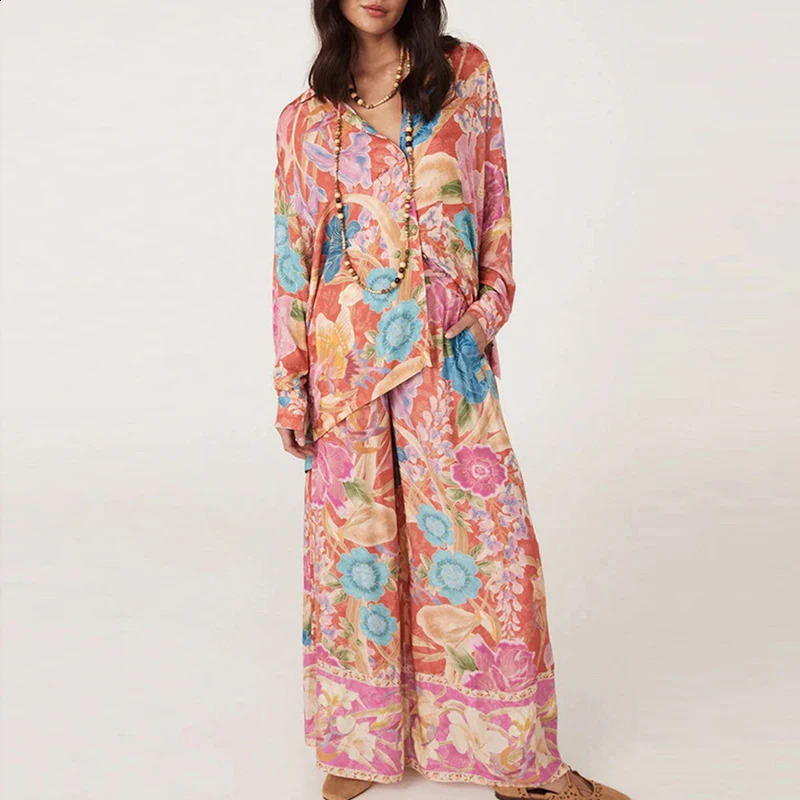 Bohemian Loose Suit Lady Button Shirt and Long Pants Holiday Outfit Casual Floral Print Womens Two Piece Set Spring Summer 250118