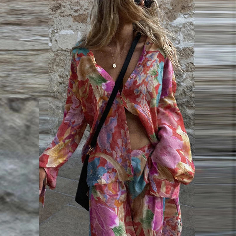 Bohemian Loose Suit Lady Button Shirt and Long Pants Holiday Outfit Casual Floral Print Womens Two Piece Set Spring Summer 250118