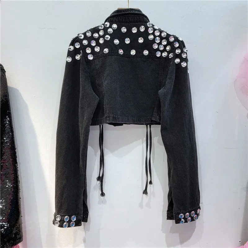 Heavy Work Diamonds Black Denim Jacket Women Slim Extra Short High Waist Cow Outerwear Manual Drawstring Jeans Jacket Female 250116