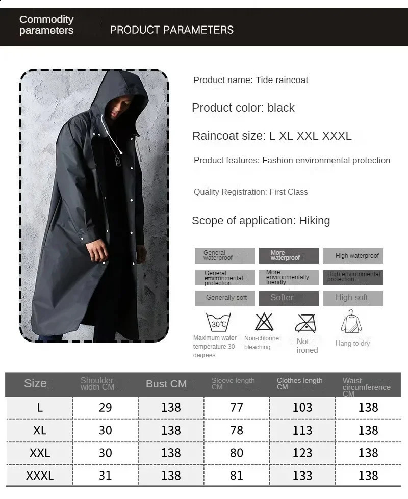 Black Fashion Adult Waterproof Long Raincoat Ladies Men Hooded Outdoor Hiking Trip Fishing Mountaineering 250122