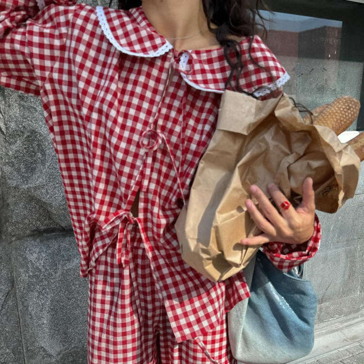 Red Plaid Wide Leg Pants Sets Women Long Sleeve Lace-Up Blouse+Elastic Waist Trouser Chic Casual Lace Trim 2 Piece Set 2025 New